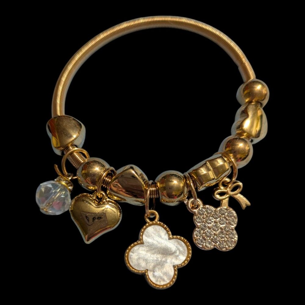 Gold Tone Charm Bracelet & Matching Pendant Necklace Set Floral Teardrop - Picture 5 of 5